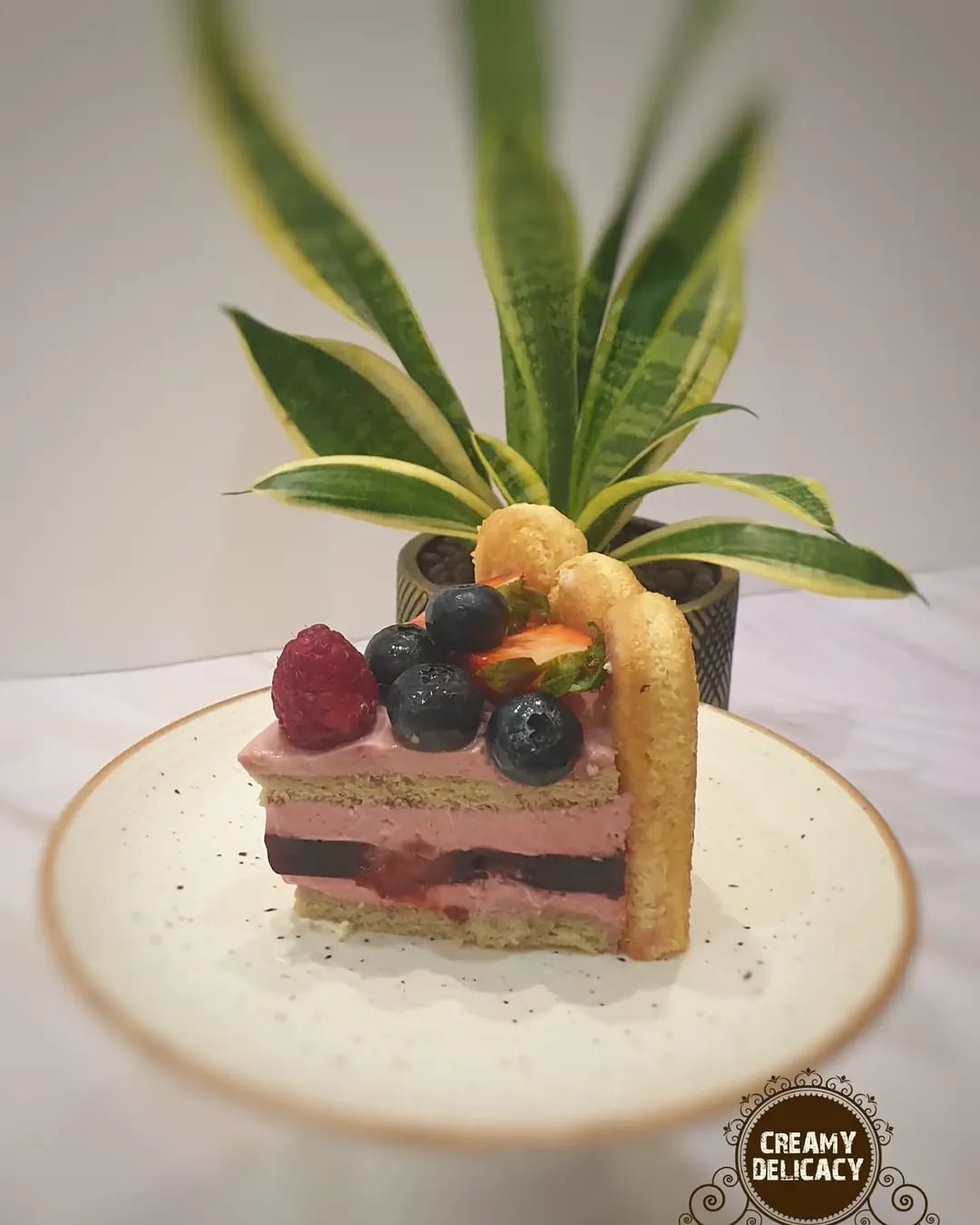 A slice of Berries Charlotte showing pistachio sponge, raspberry mousse and berry jelly