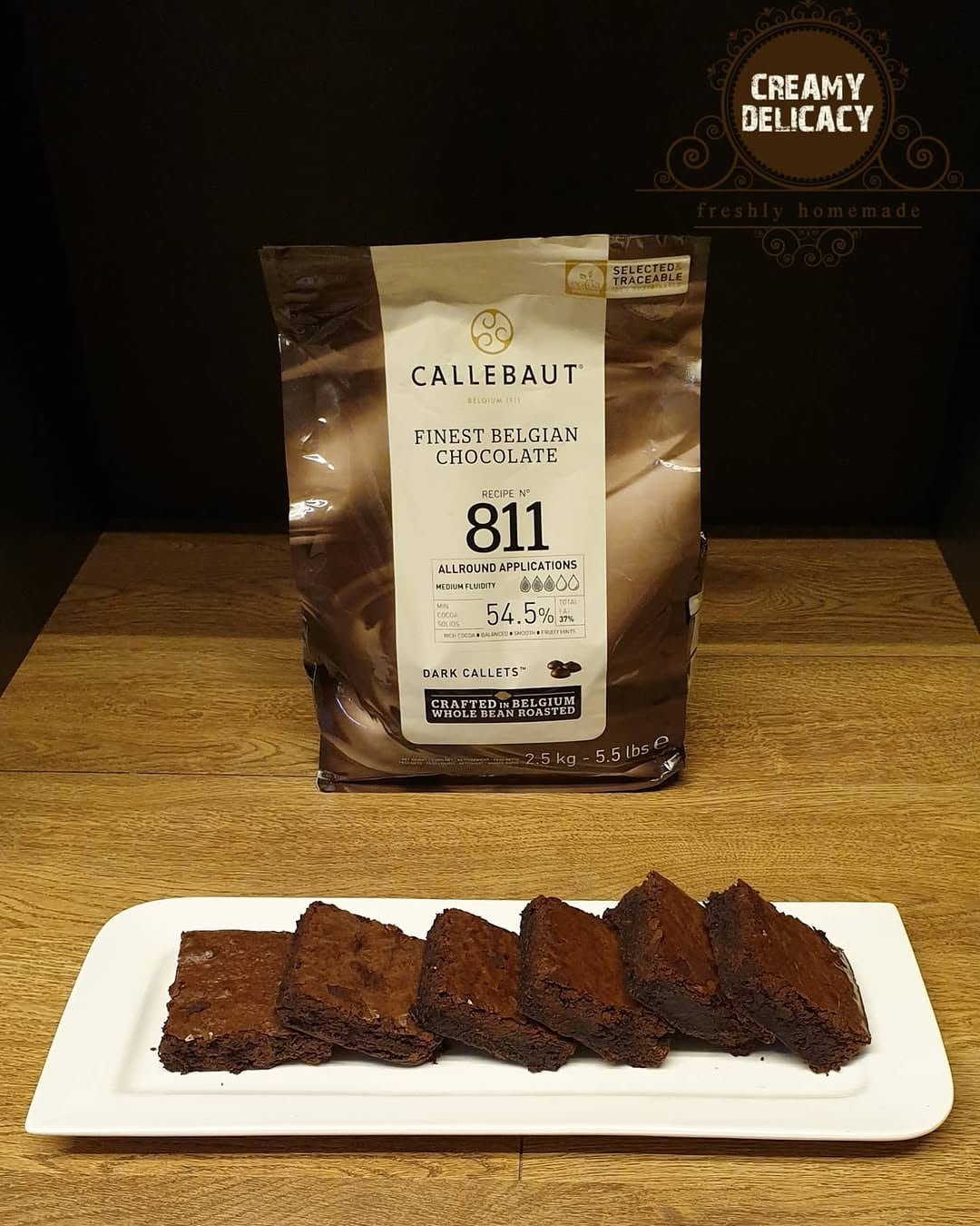 Callebaut Belgian chocolate beside a tray of fudgy brownies